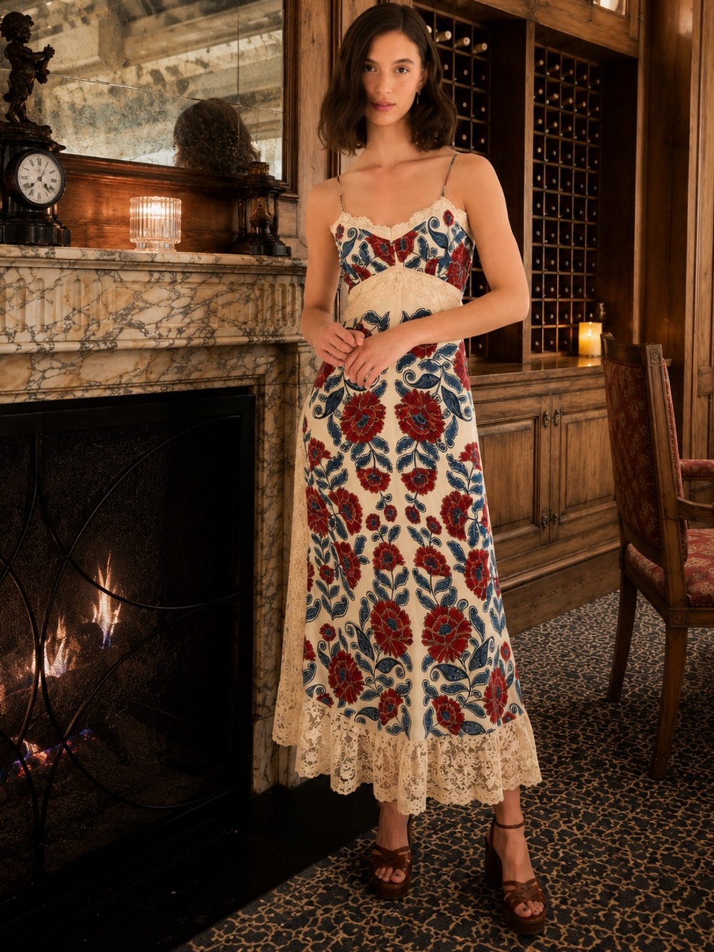 FARM Rio Sand Francesca Midi Dress XXS – Lace Floral Slip Dress